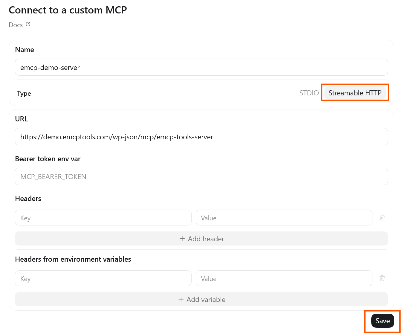 Connect to a custom MCP form, Streamable HTTP selected, name and URL filled, Save button