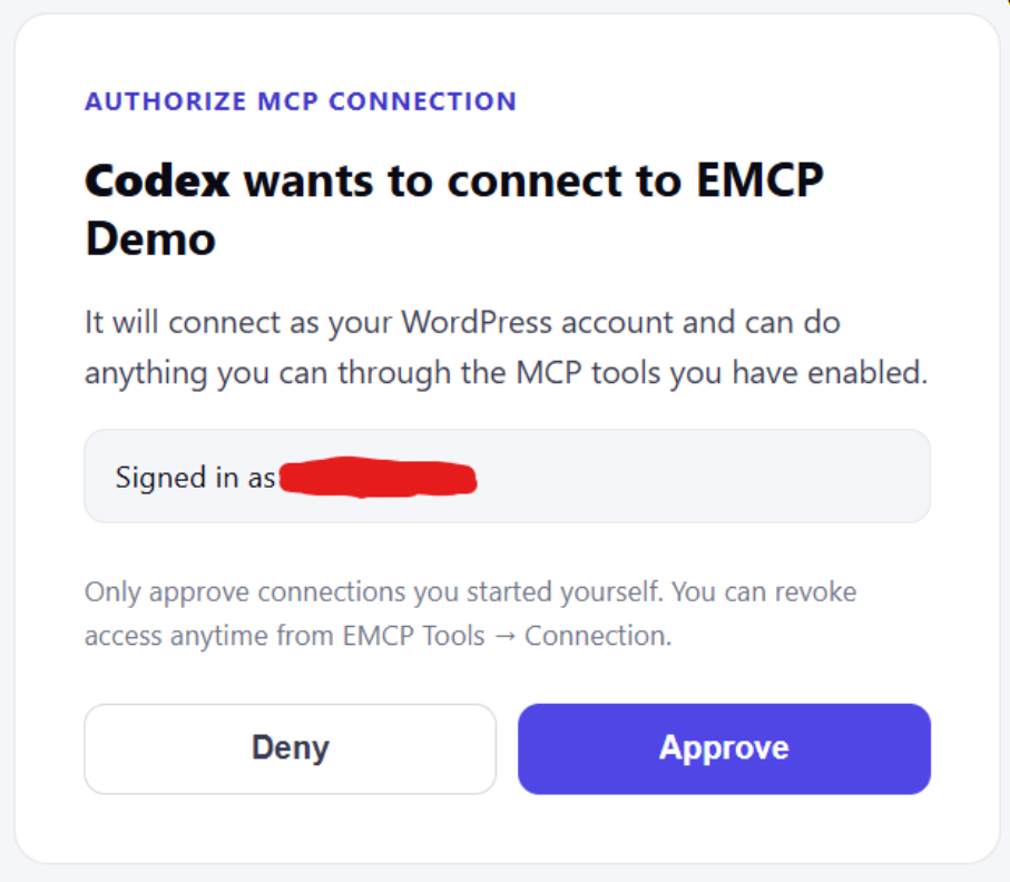 Authorize MCP connection consent screen with Deny and Approve buttons