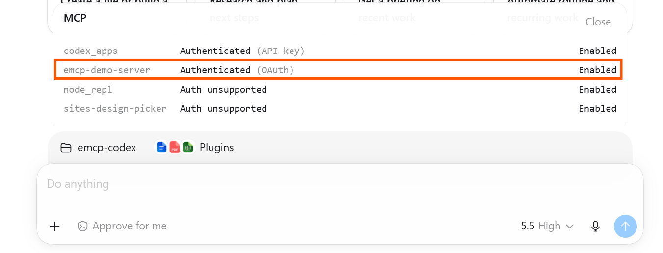 MCP list showing the server as Authenticated (OAuth) and Enabled